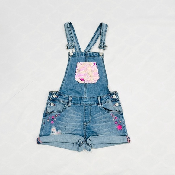 Jordache Girls Reversible Flippy Sequin Denim Short Overalls Shortalls - Picture 1 of 5